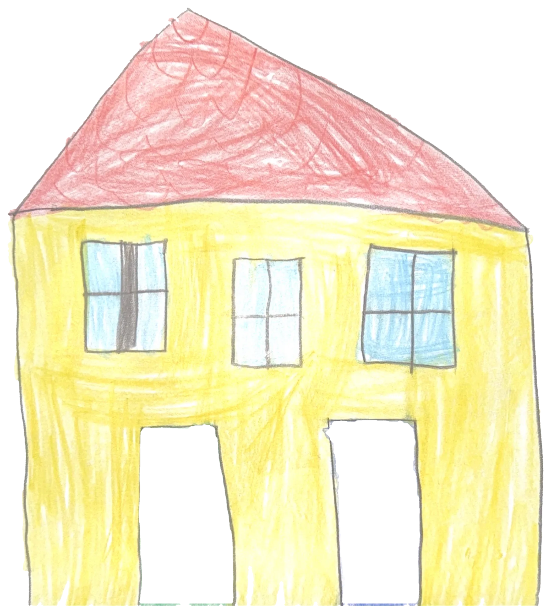 Das Kinderhaus – gemalt von den Kindern: ein gelbes Haus mit rotem Dach, drei Fenstern und zwei Türen
